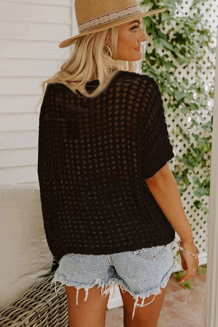 Shewin Women's Black Fishnet Knit Ribbed Round Neck Short Sleeve T-Shirt
