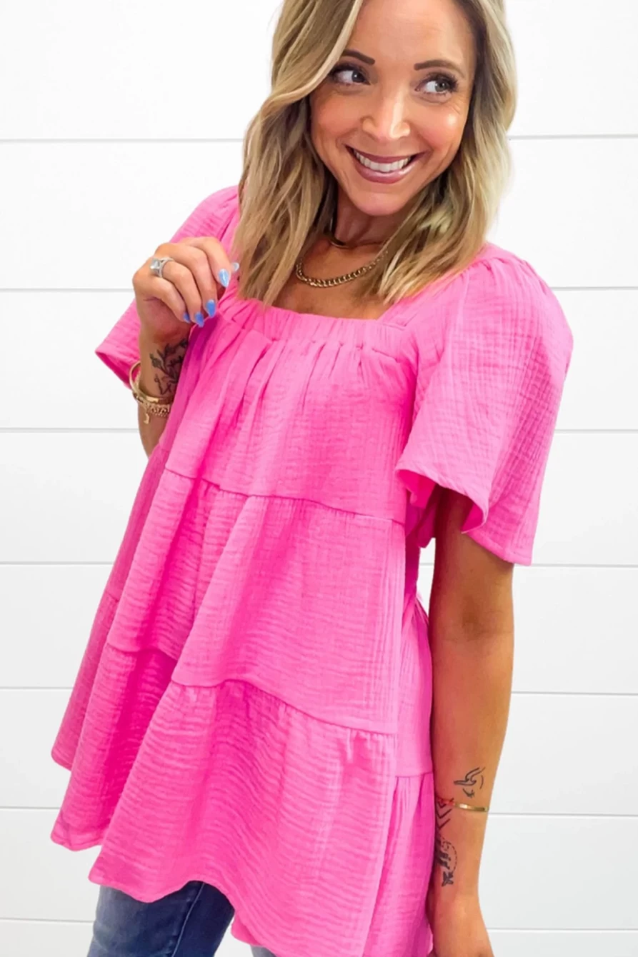 Shewin Women's Bright Pink Crinkled Flounce Sleeve Tiered Blouse - Chic Ruffle Top