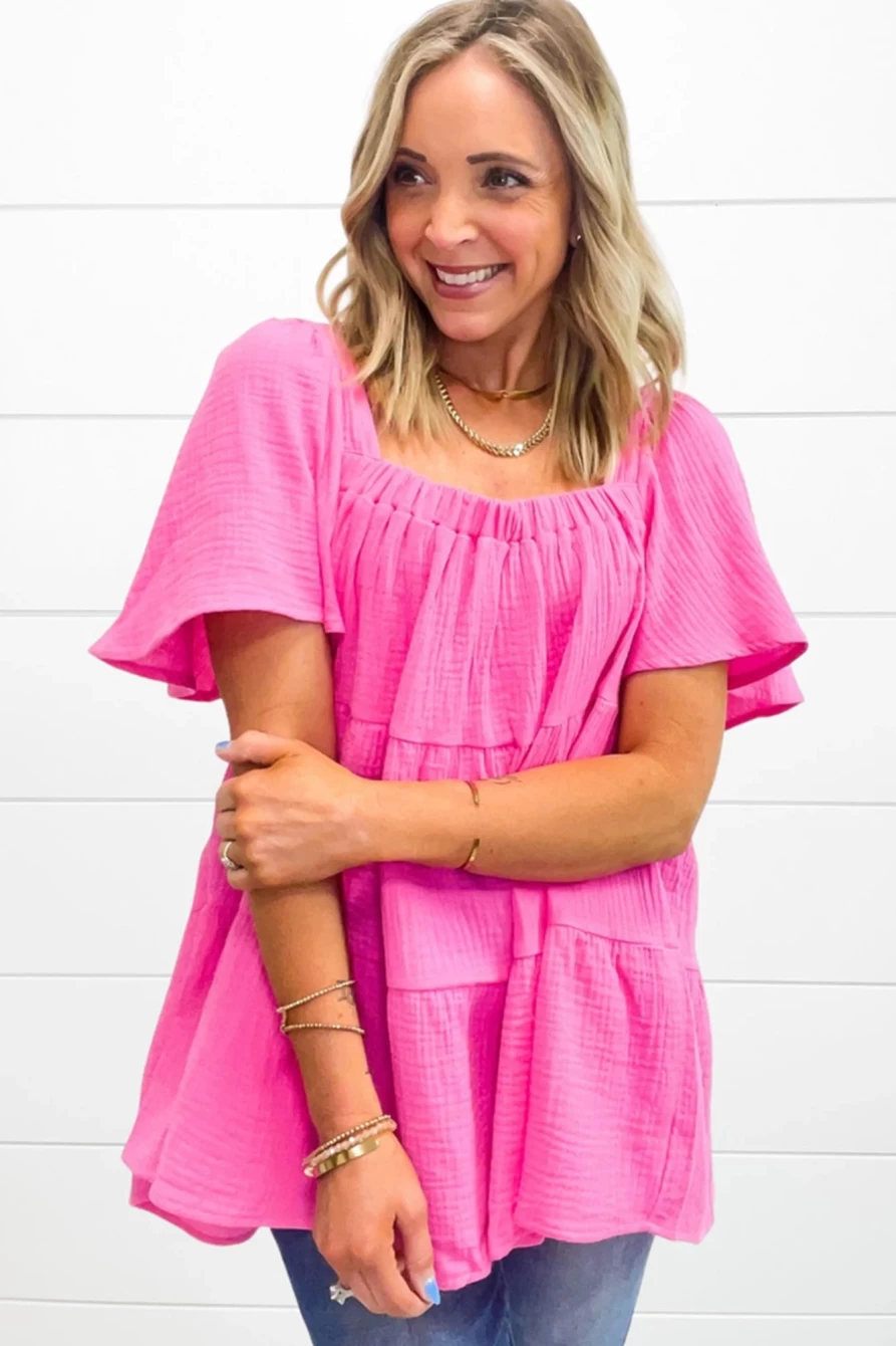 Shewin Women's Bright Pink Crinkled Flounce Sleeve Tiered Blouse - Chic Ruffle Top