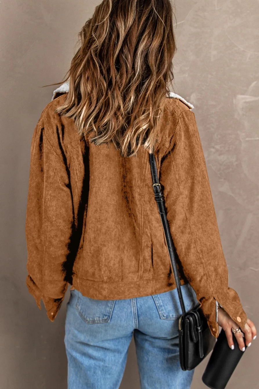 Women's Brown Corduroy Jacket with Sherpa Lining - Cozy Casual Outerwear by Shewin