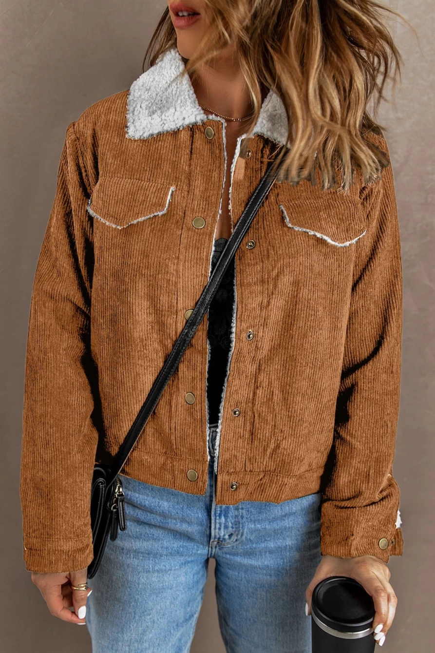 Women's Brown Corduroy Jacket with Sherpa Lining - Cozy Casual Outerwear by Shewin