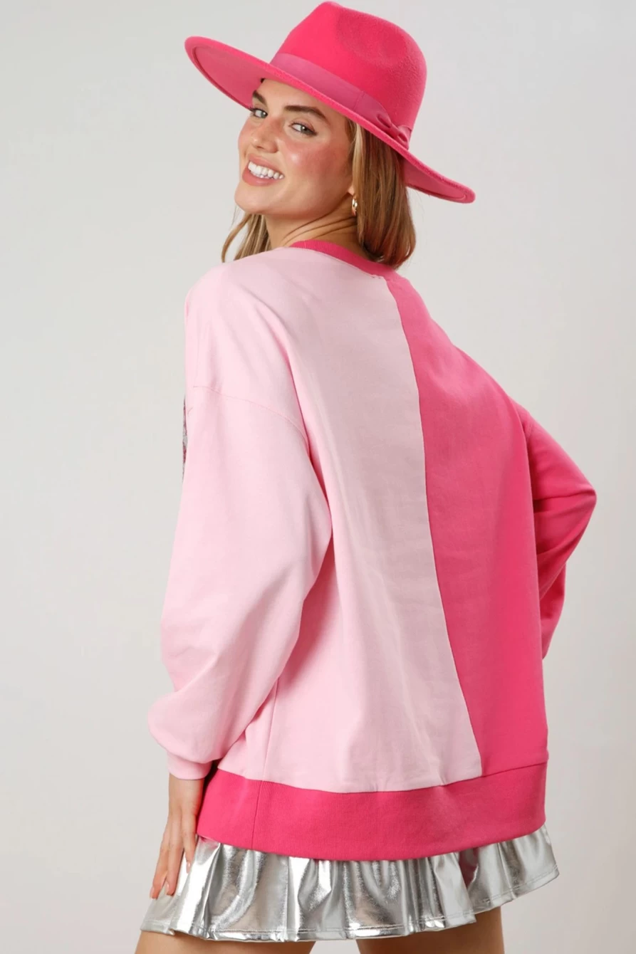Shewin Women's Pink Color Block Sequin Boots with Oversized Sweatshirt Combo