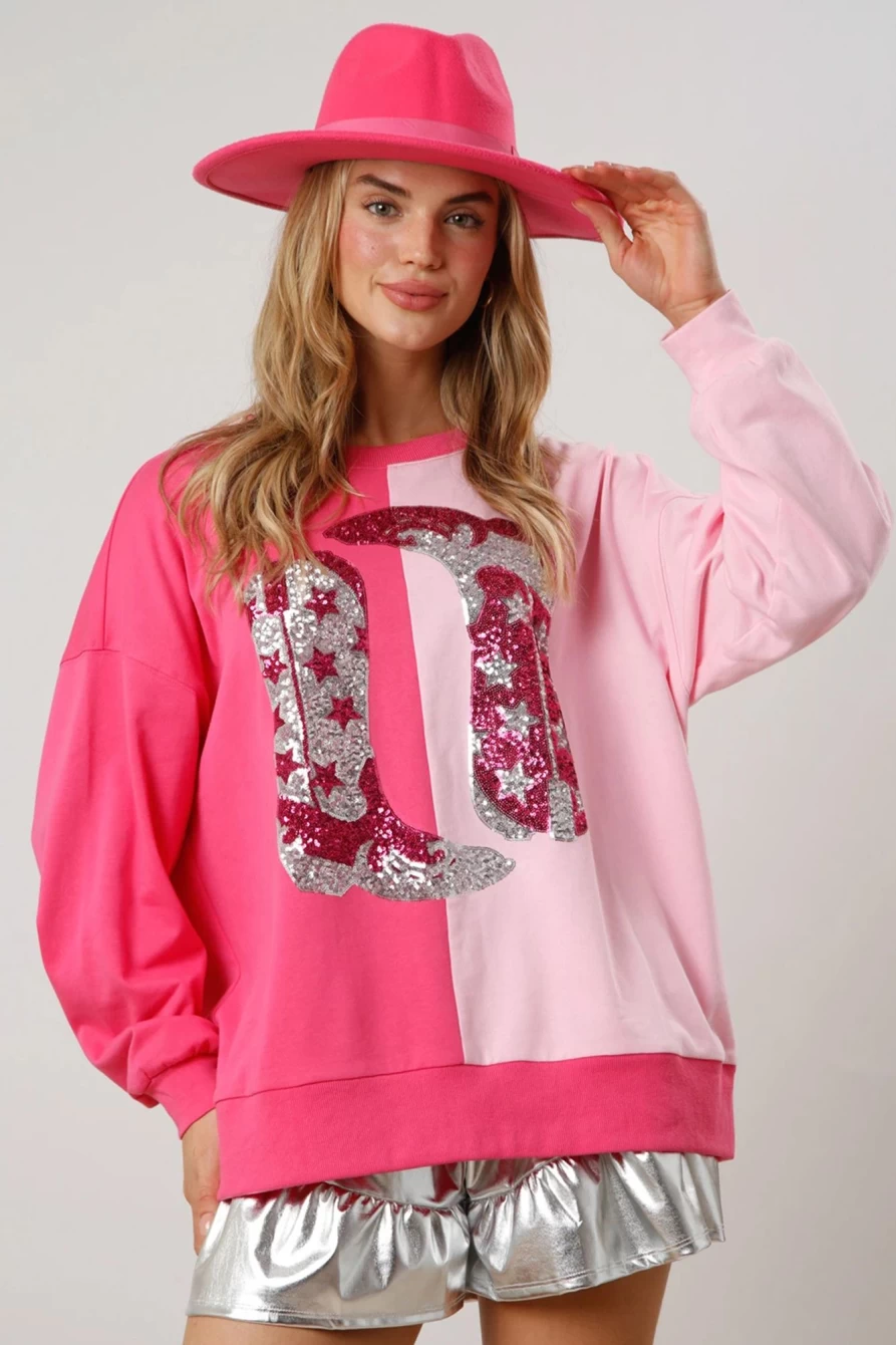 Shewin Women's Pink Color Block Sequin Boots with Oversized Sweatshirt Combo
