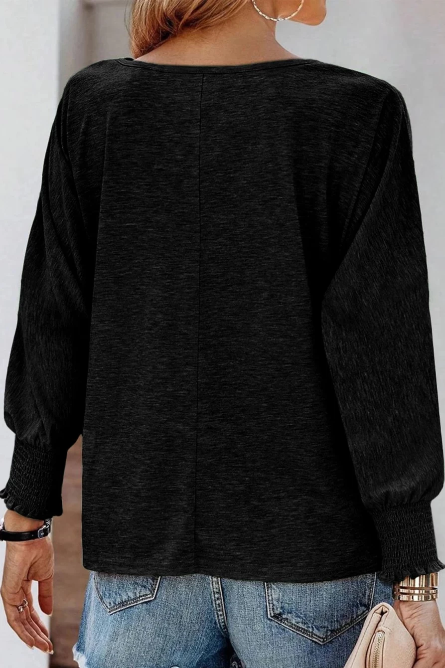 Shewin Women's Black Dolman Sleeve Blouse with Shirred Cuffs