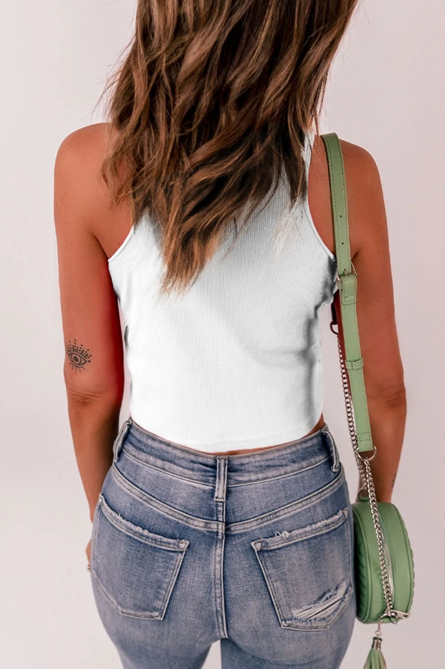 Shewin Women's White Ribbed Cropped Tank Top - Basic Knit Slim Fit Casual