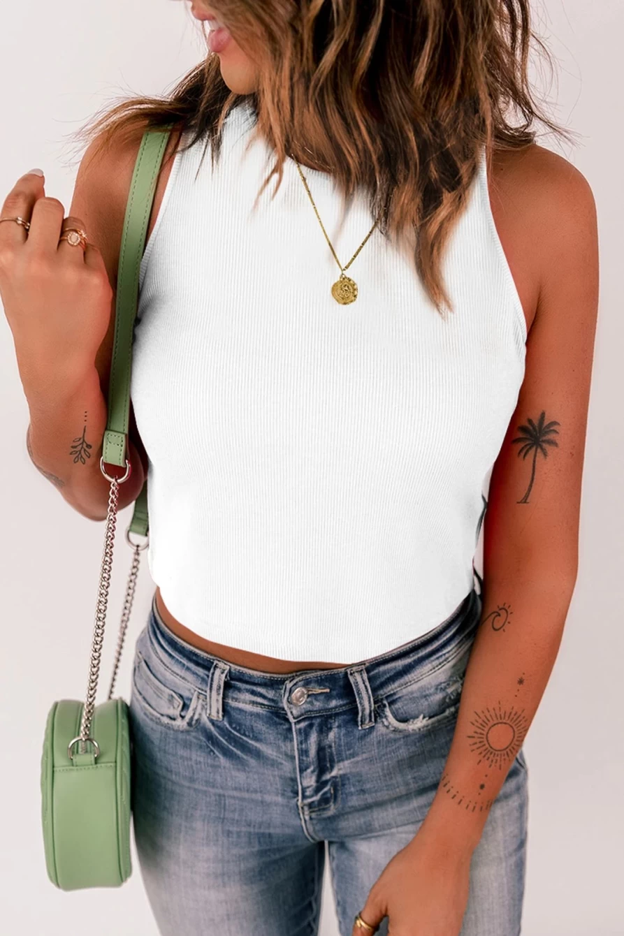 Shewin Women's White Ribbed Cropped Tank Top - Basic Knit Slim Fit Casual