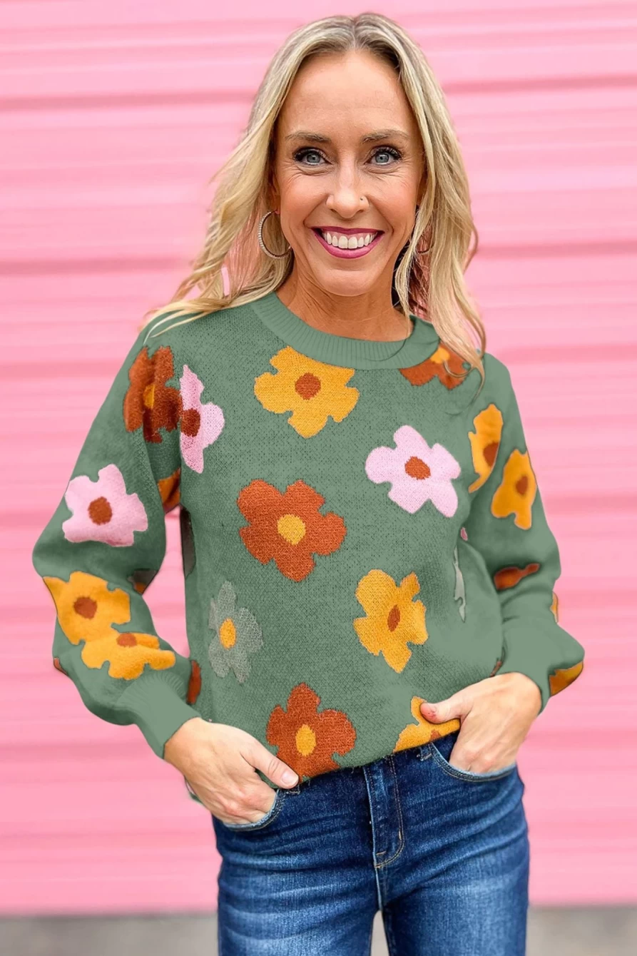 Shewin Women's Green Sweet Flower Ribbed Contrast Knit Sweater
