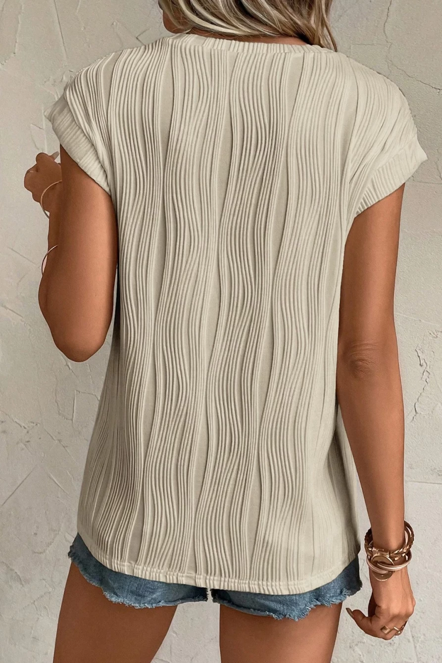 Shewin Women's Apricot Wavy Textured Cap Sleeve Blouse - Trendy Casual Top