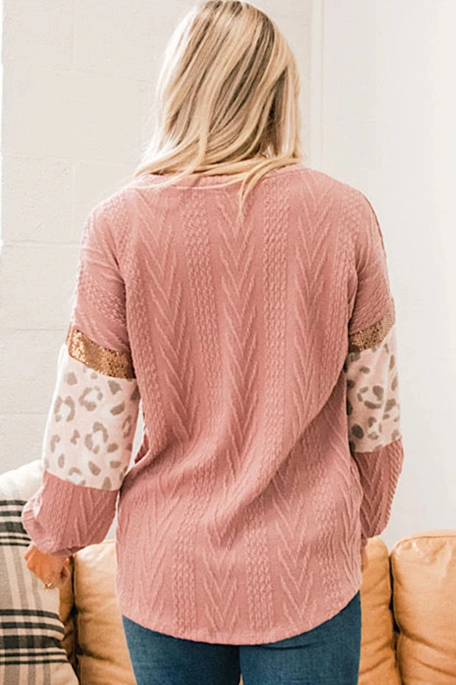 Shewin Women's Pink Leopard Sequin Sleeve Textured Knit Top