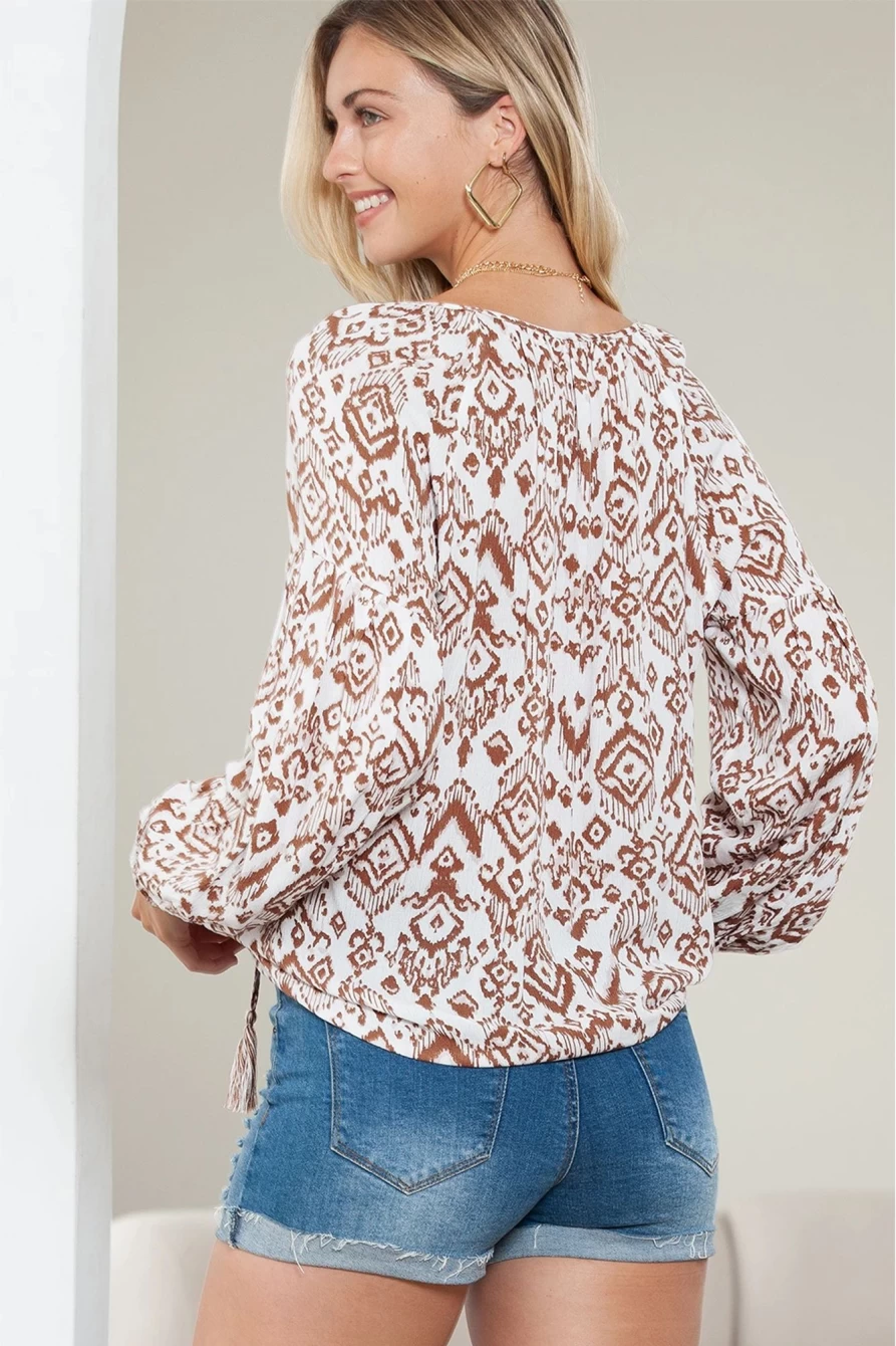 Shewin Women's Apricot Ethnic Print Blouse with Balloon Sleeves & V-Neck Tassel Detail