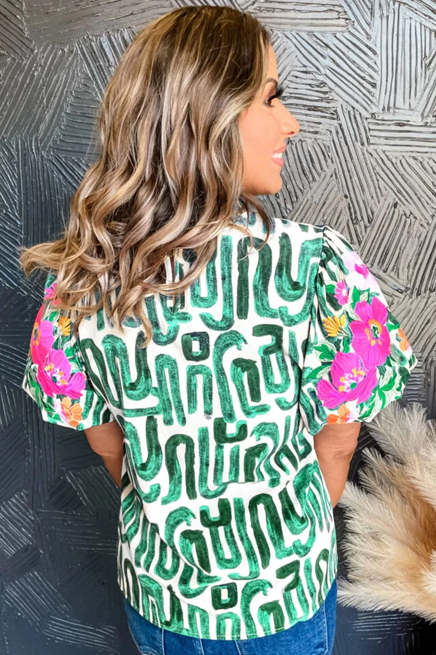 Shewin Women's Blackish Green Abstract Floral Blouse with Frilled Neck & Puff Sleeves