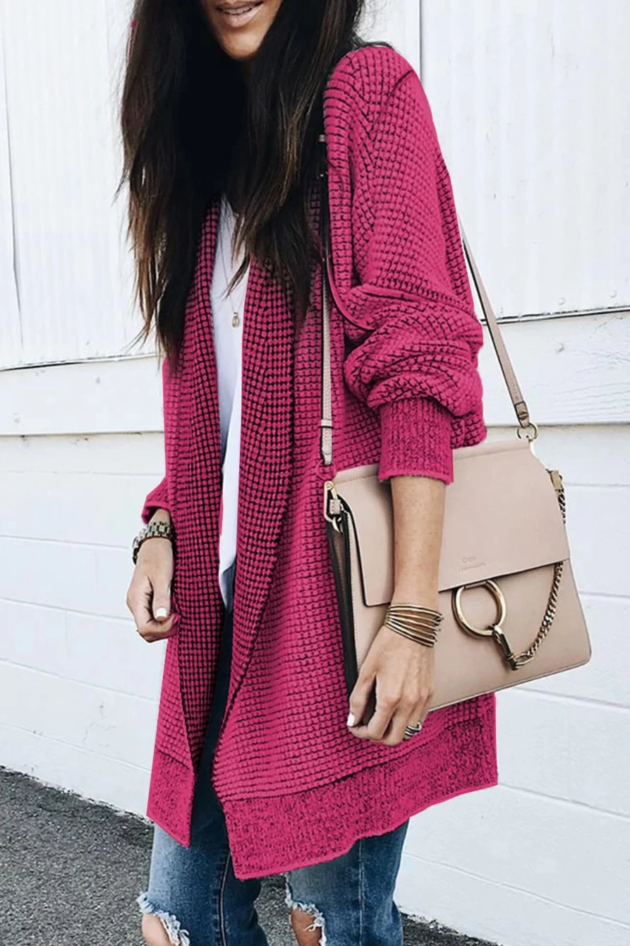 Shewin Women's Rose Plaid Long Cardigan with Contrast Trim - Cozy Casual Knit Sweater