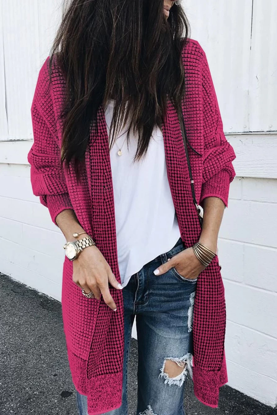 Shewin Women's Rose Plaid Long Cardigan with Contrast Trim - Cozy Casual Knit Sweater