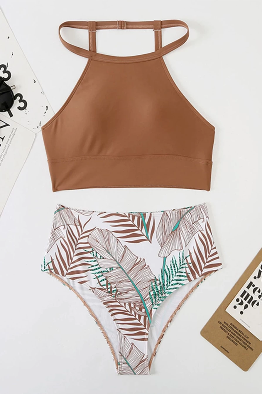 Shewin Women's Brown Tropical Print High Waisted Swimsuit with Back Split & Color Block Design