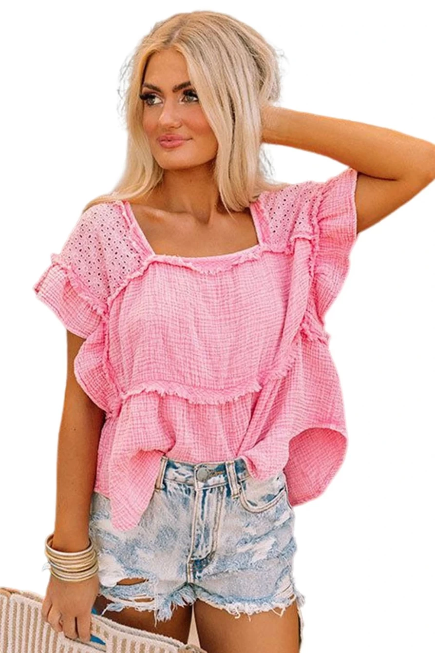 Shewin Women's Pink Eyelet Patchwork Blouse with Ruffle & Frayed Crinkle Detail