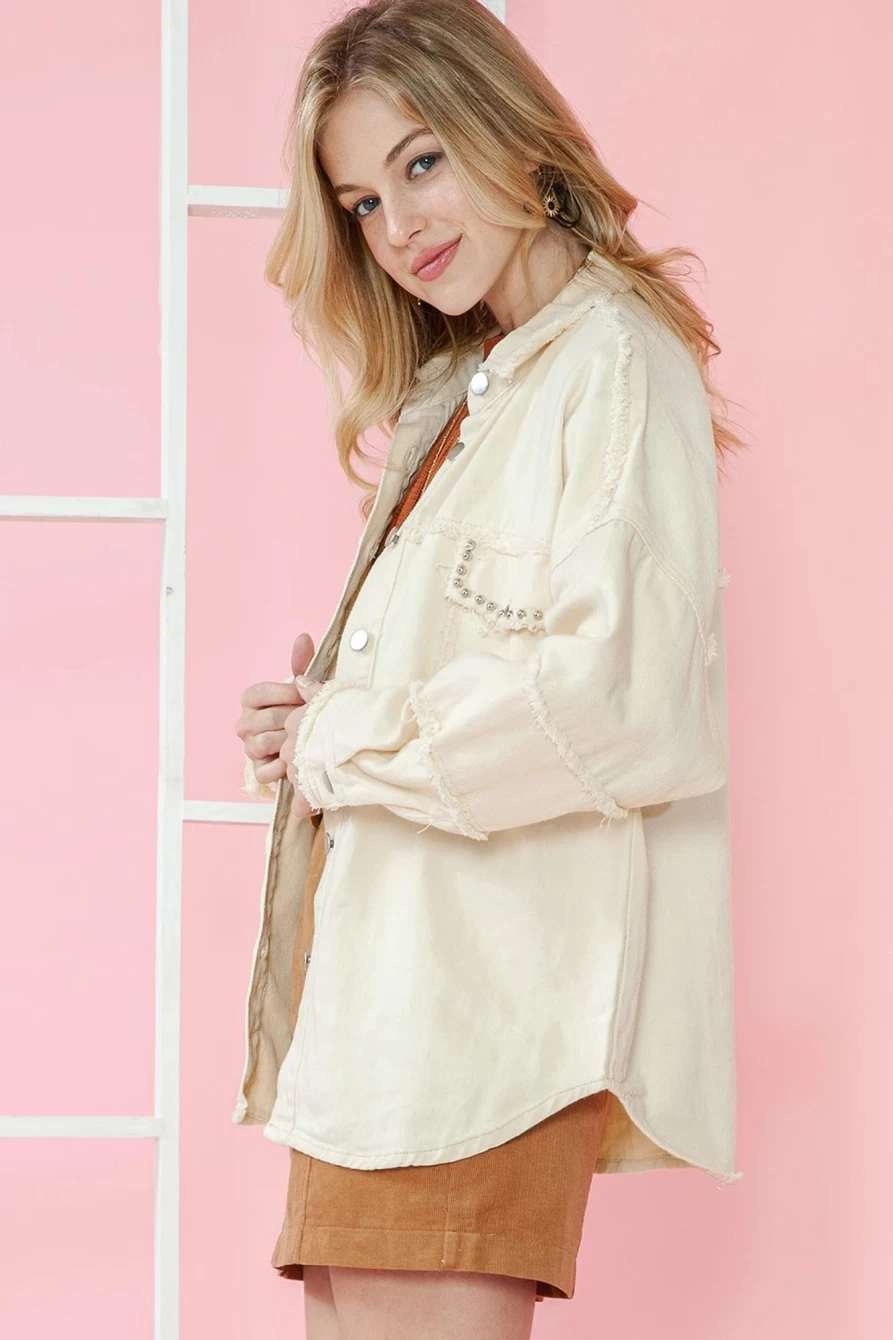 Shewin Women's White Distressed Denim Jacket with Exposed Seams - Frayed Edge Design