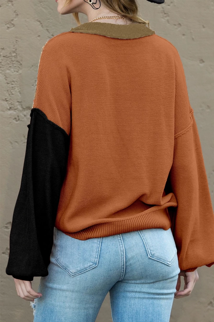 Shewin Women's Pickle Green Colorblock Ribbed Sweater with Bishop Sleeves & Exposed Seams