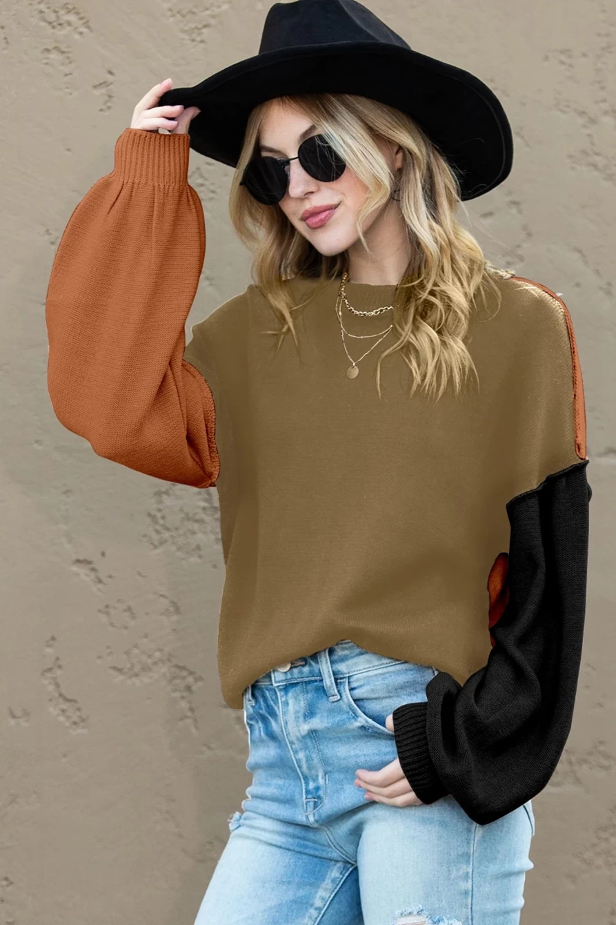 Shewin Women's Pickle Green Colorblock Ribbed Sweater with Bishop Sleeves & Exposed Seams