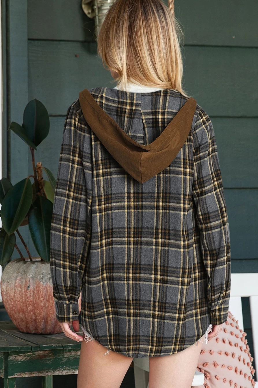 Women's Gray Plaid Shacket with Pockets & Drawstring Hood by Shewin