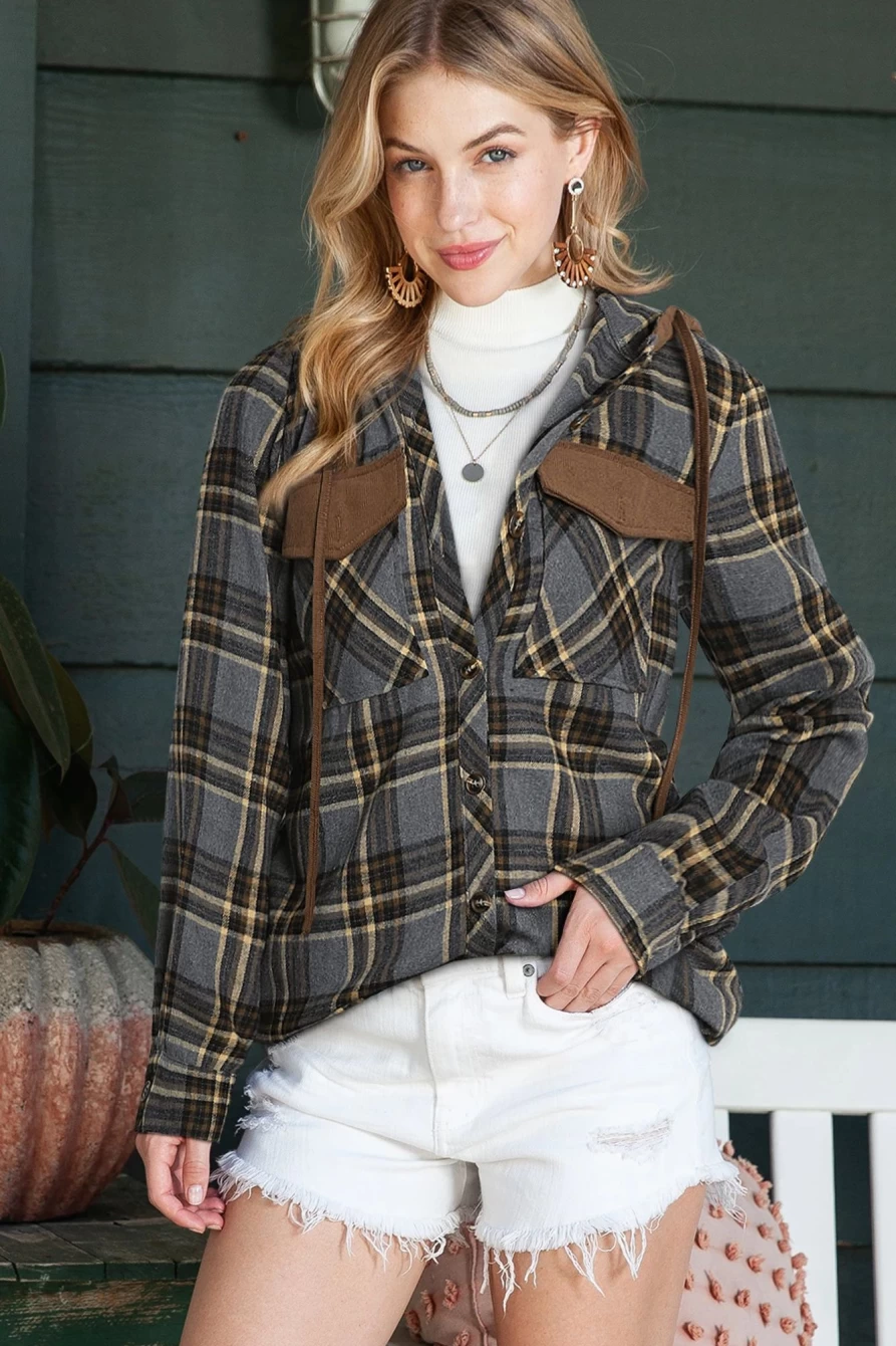 Women's Gray Plaid Shacket with Pockets & Drawstring Hood by Shewin