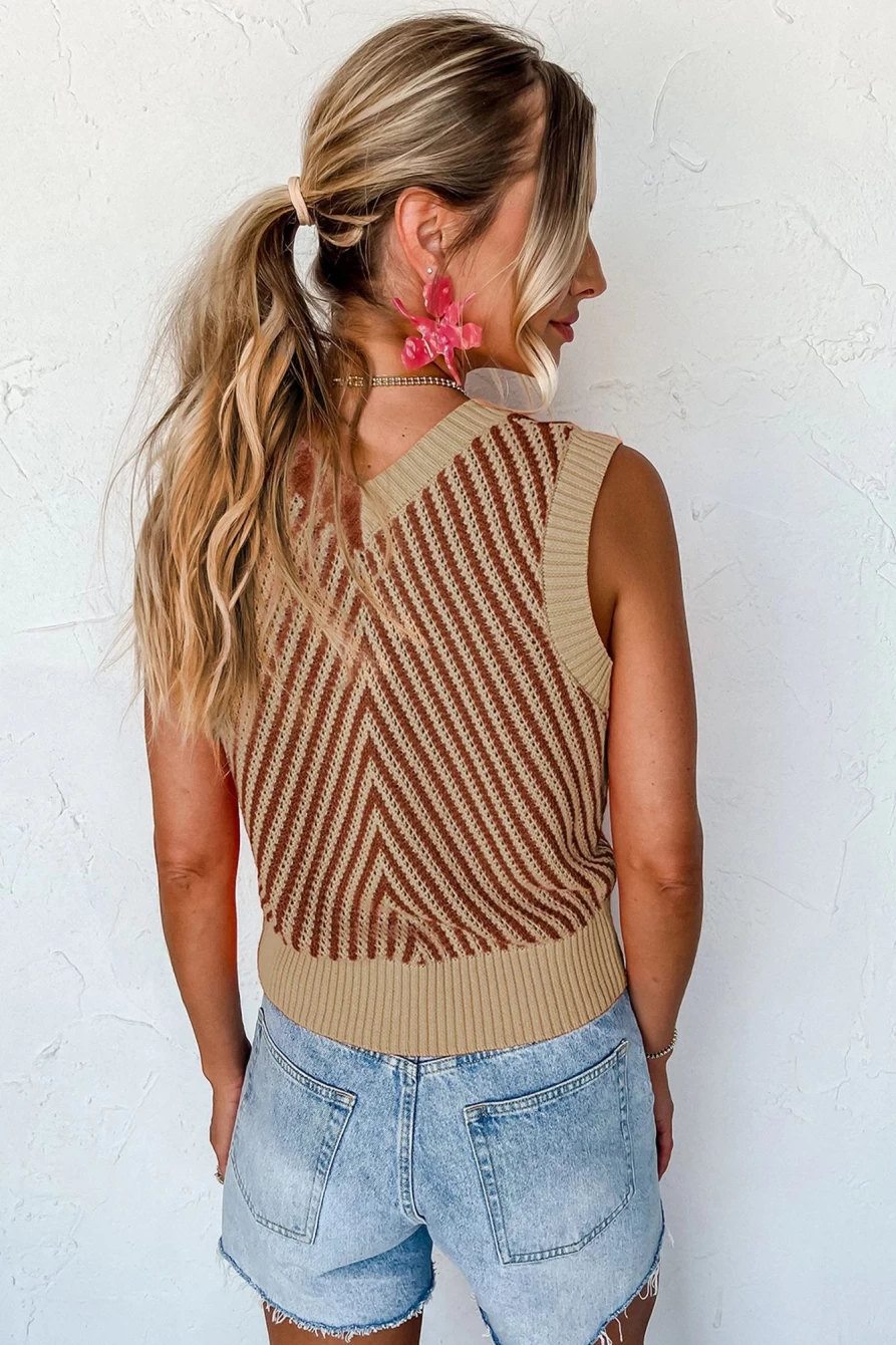Women's Light French Beige V-Neck Chevron Knit Vest - SHEWIN Contrast Knitted Waistcoat
