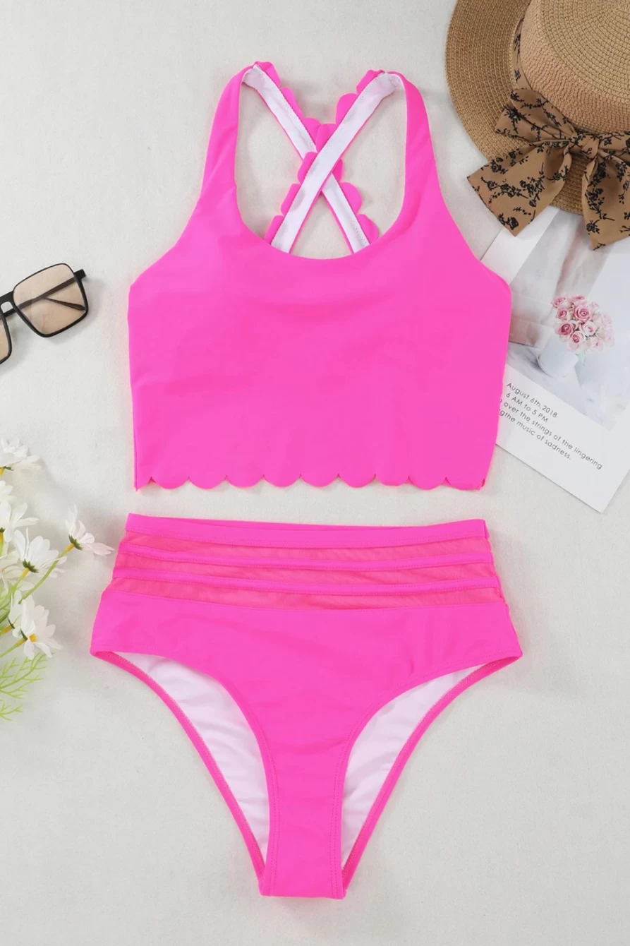 Women's Rose Scalloped High Waisted Two Piece Swimsuit - Shewin Sleeveless Bikini Set