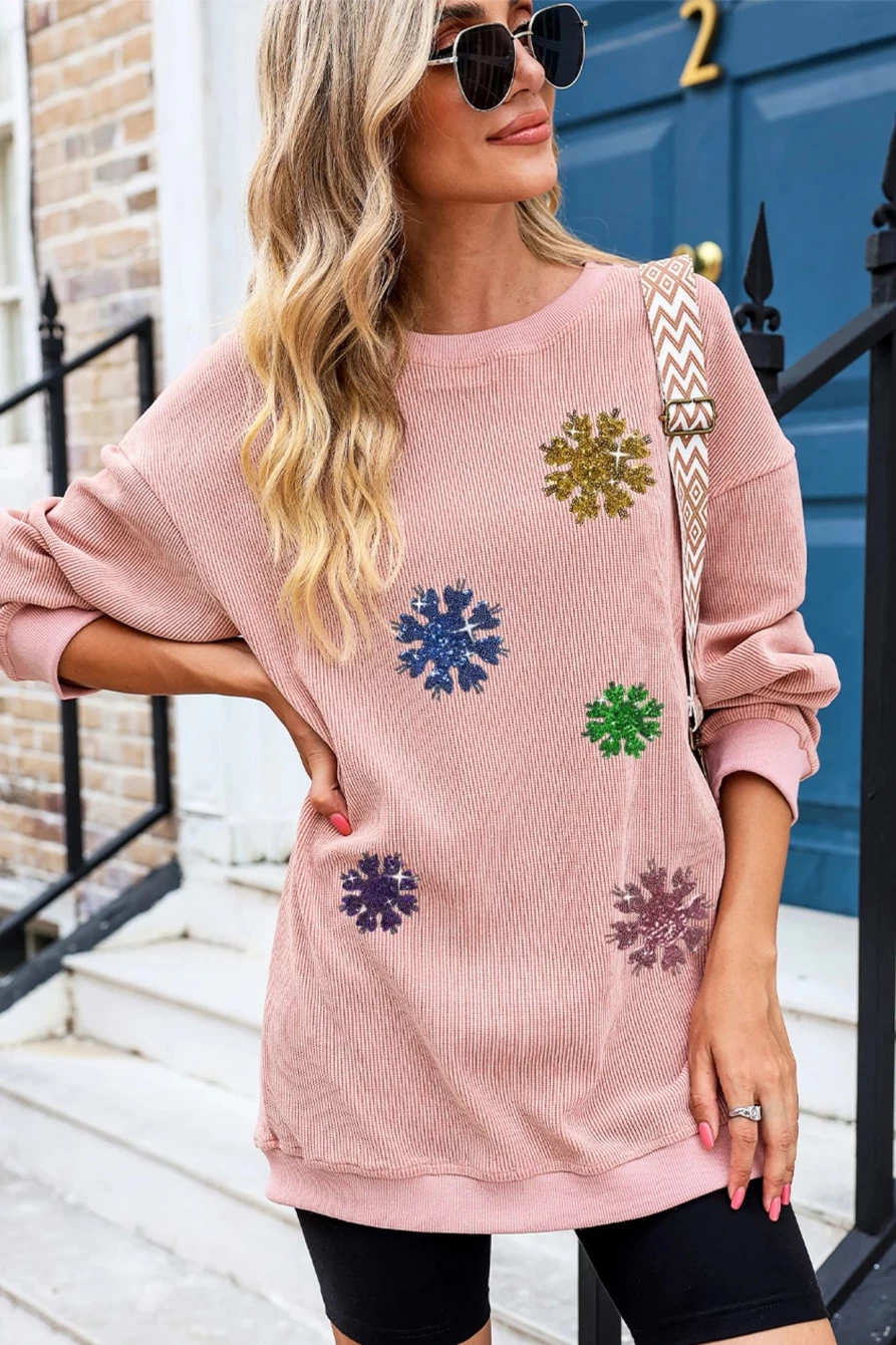 Shewin Women's Pink Sequin Snowflake Graphic Drop Shoulder Sweatshirt