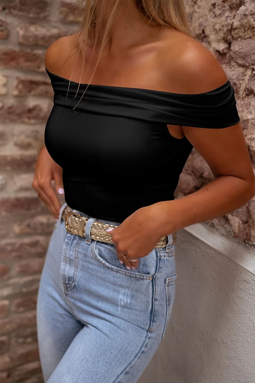 Shewin Women's Black Off Shoulder Slim Fit Solid Color Folded Shirt