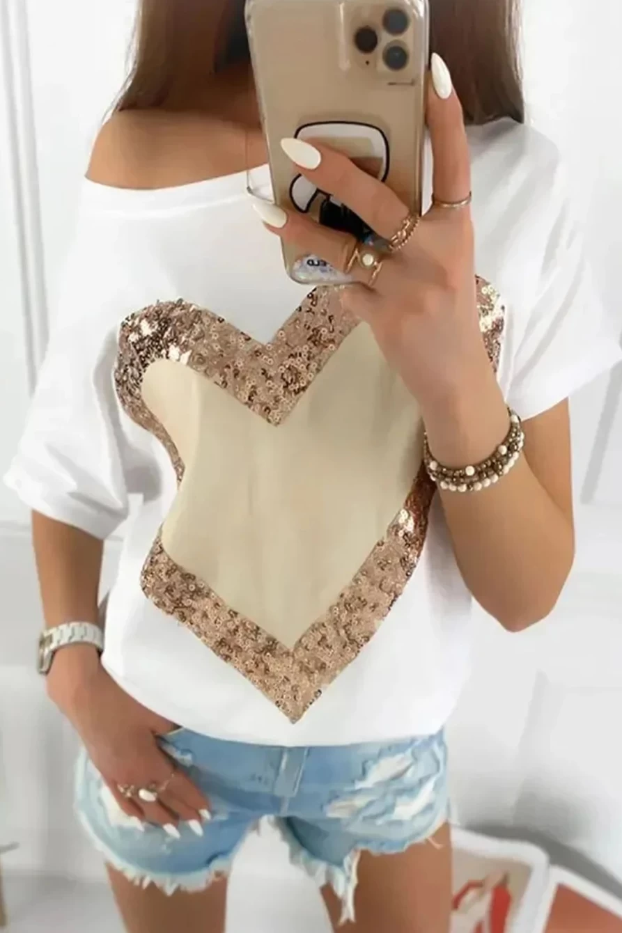 Women's White Sequin Heart Valentine's Day Graphic T-Shirt by Shewin