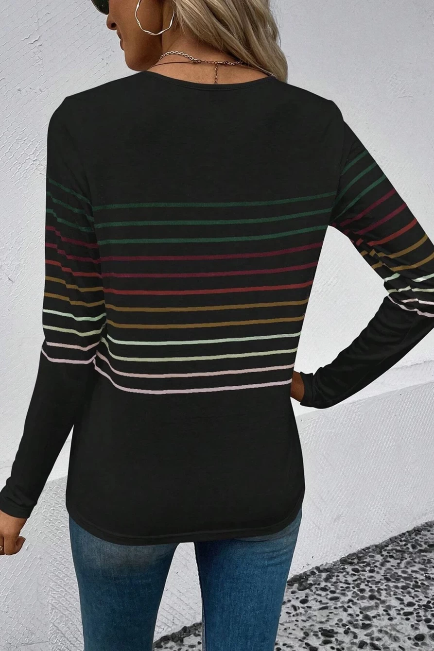 Shewin Women's Black Striped Long Sleeve Top - Colorful Print Casual Shirt