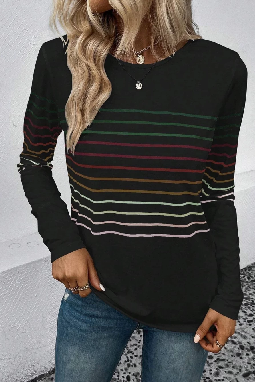 Shewin Women's Black Striped Long Sleeve Top - Colorful Print Casual Shirt