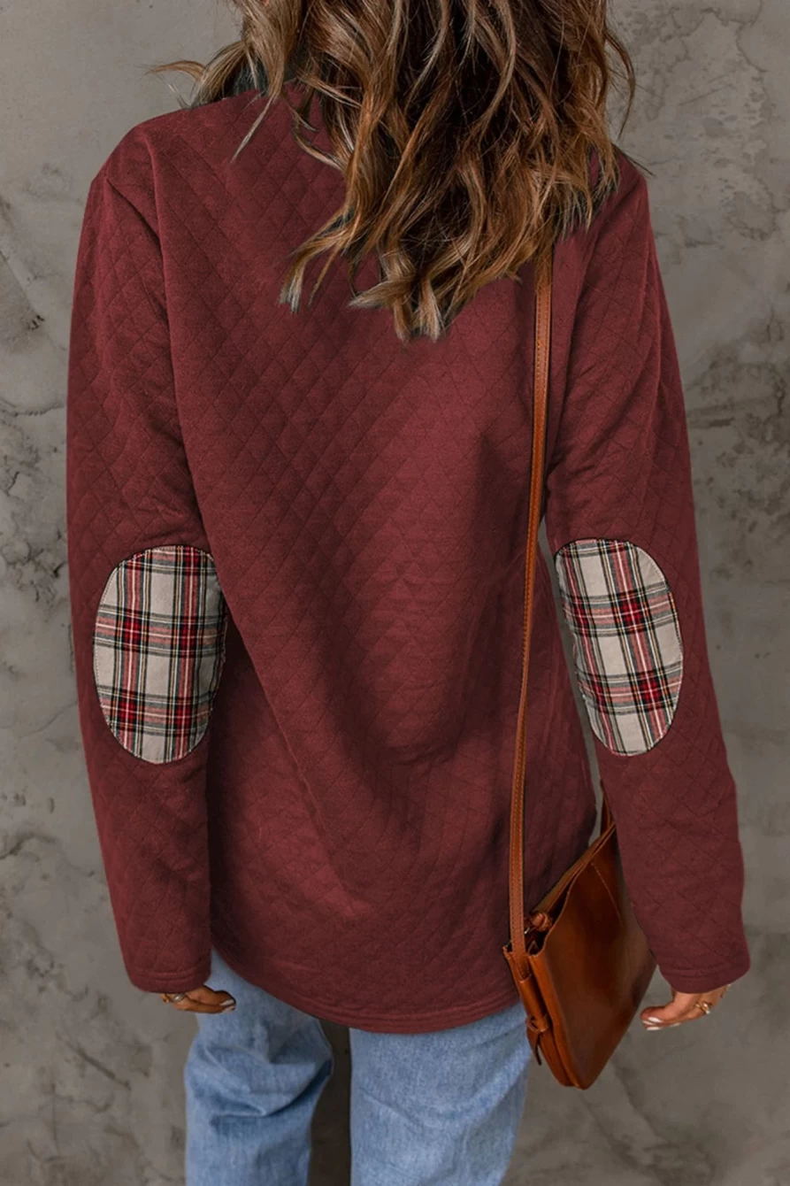 Women's Red Plaid Geometric Print Button-Up Sweatshirt by Shewin