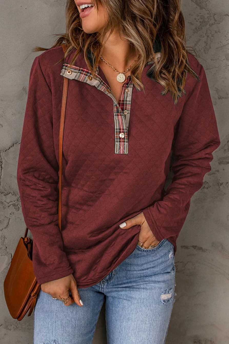 Women's Red Plaid Geometric Print Button-Up Sweatshirt by Shewin