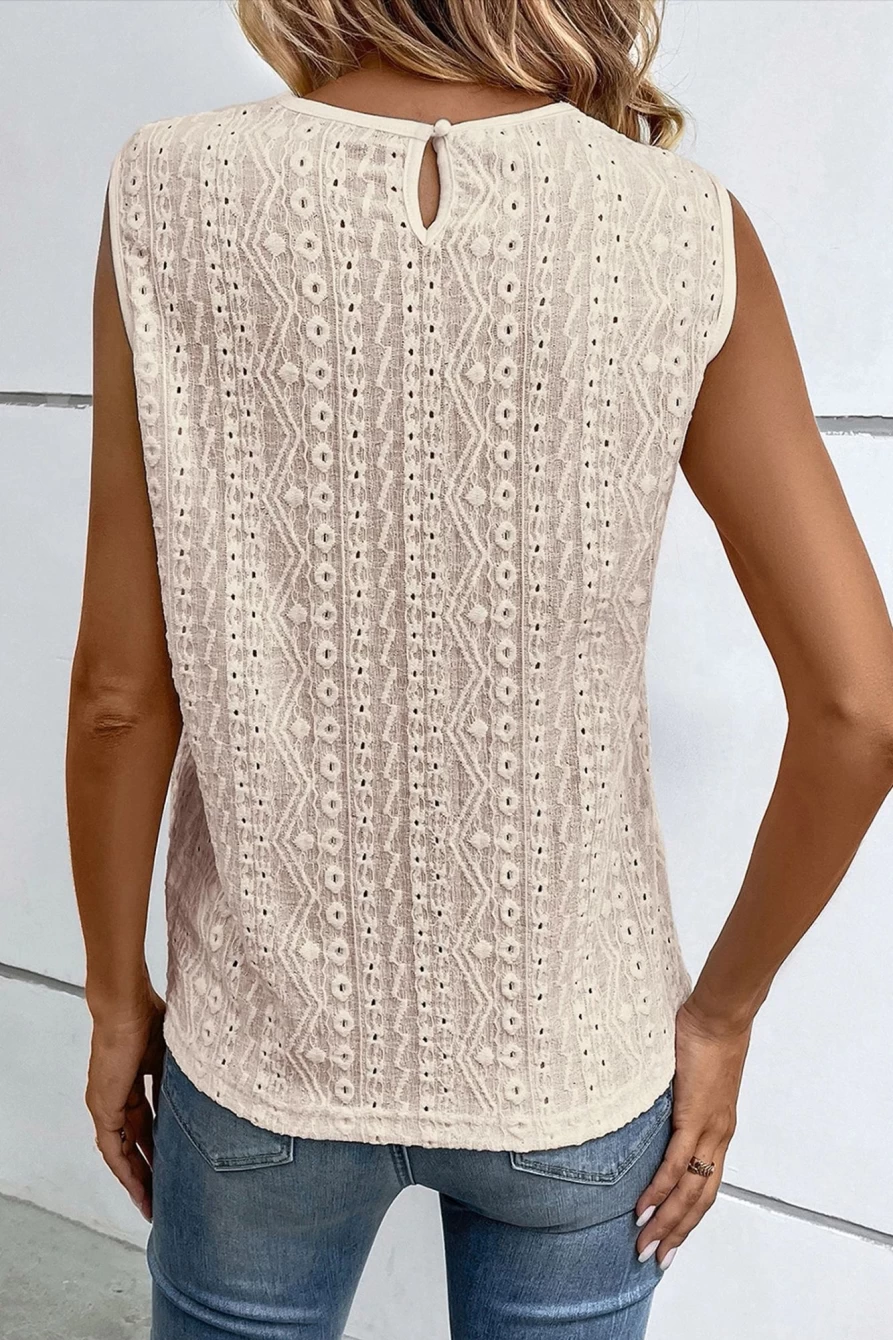 Shewin Women's Apricot Guipure Lace Crochet Keyhole Back Sleeveless Top