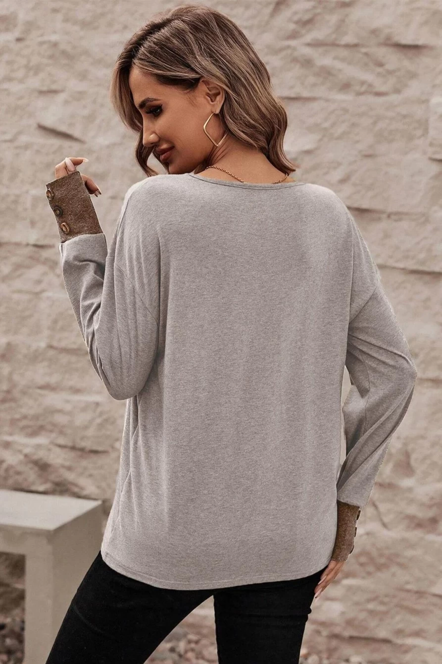 Shewin Women's Khaki Contrast V-Neck Long Sleeve Top with Button Decor