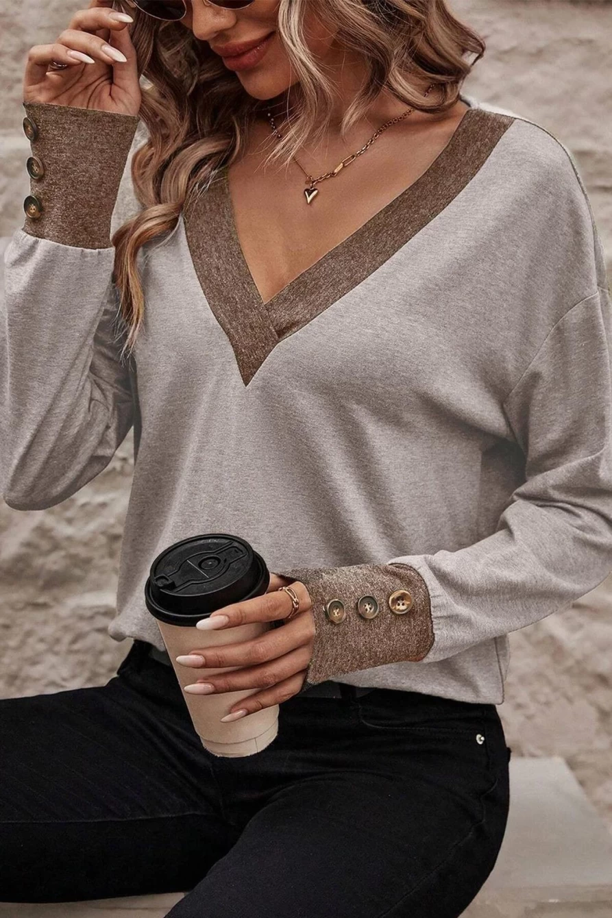Shewin Women's Khaki Contrast V-Neck Long Sleeve Top with Button Decor