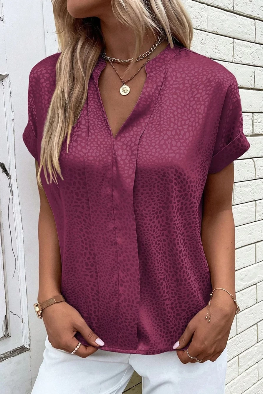 Shewin Women's Red Rose Leopard Print V-Neck Blouse with Rolled Sleeves