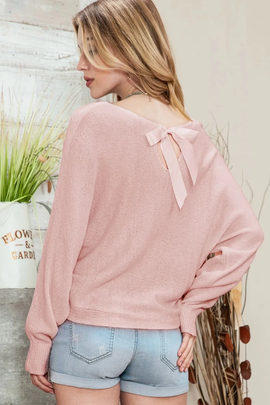 Shewin Women's Pink Ribbon Bow Knot Dolman Sleeve Sweater