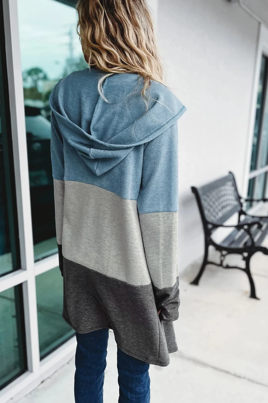 "Shewin Women's Sky Blue Color Block Patchwork Hooded Cardigan Open Front Sweater"