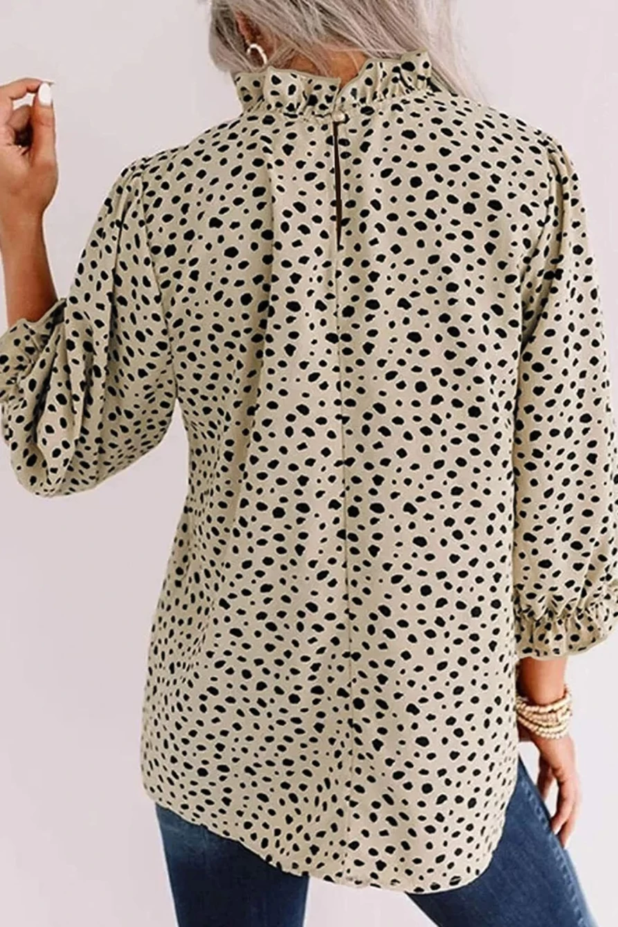 Shewin Women's Khaki Leopard Print Blouse with 3/4 Ruffle Sleeves & Frill Neck