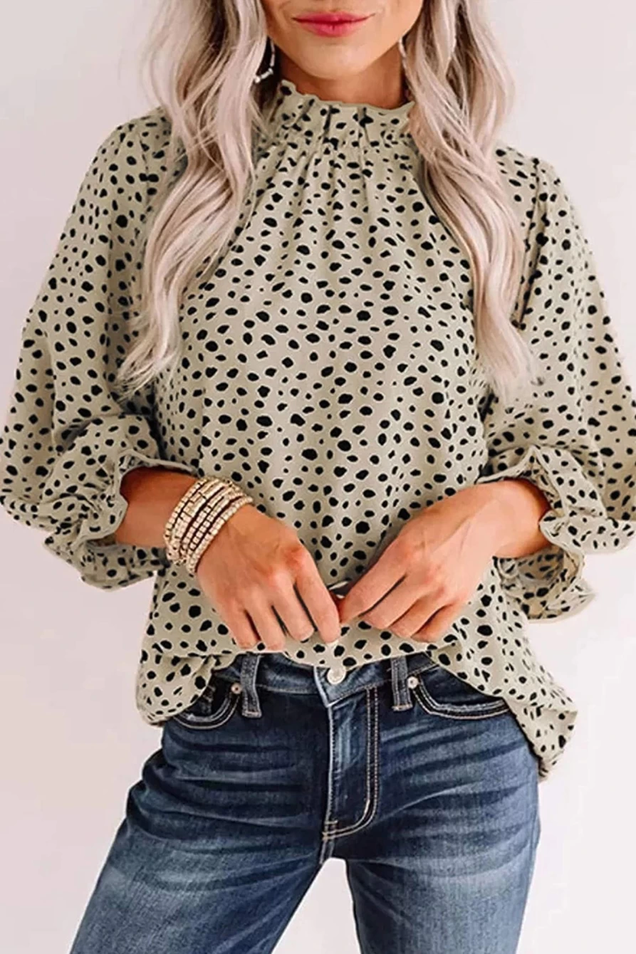 Shewin Women's Khaki Leopard Print Blouse with 3/4 Ruffle Sleeves & Frill Neck