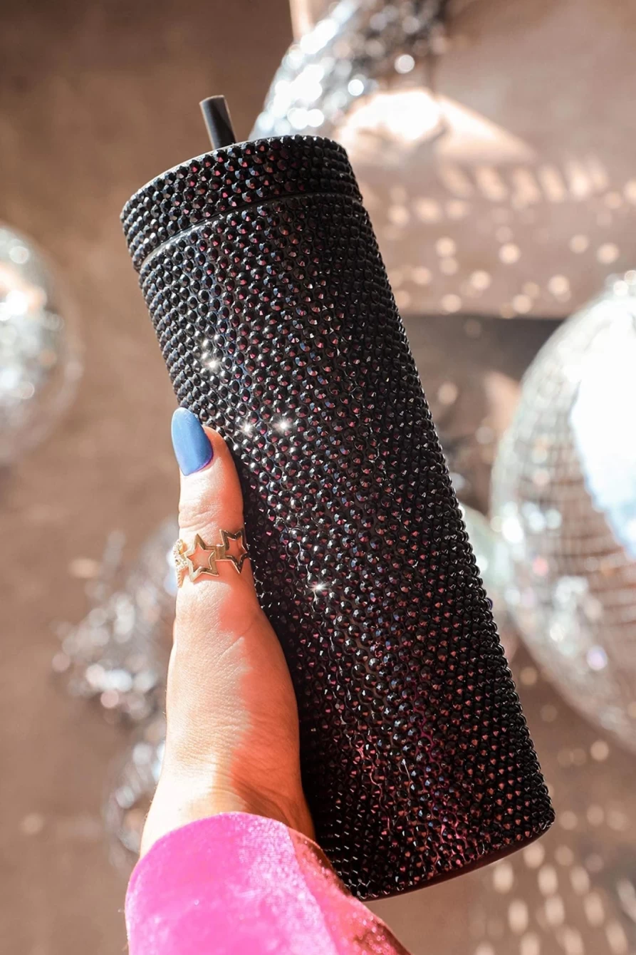 Shewin Black Rhinestone Straw Tumbler Cup 16Oz for Women - Glamorous Sparkly Water Bottle