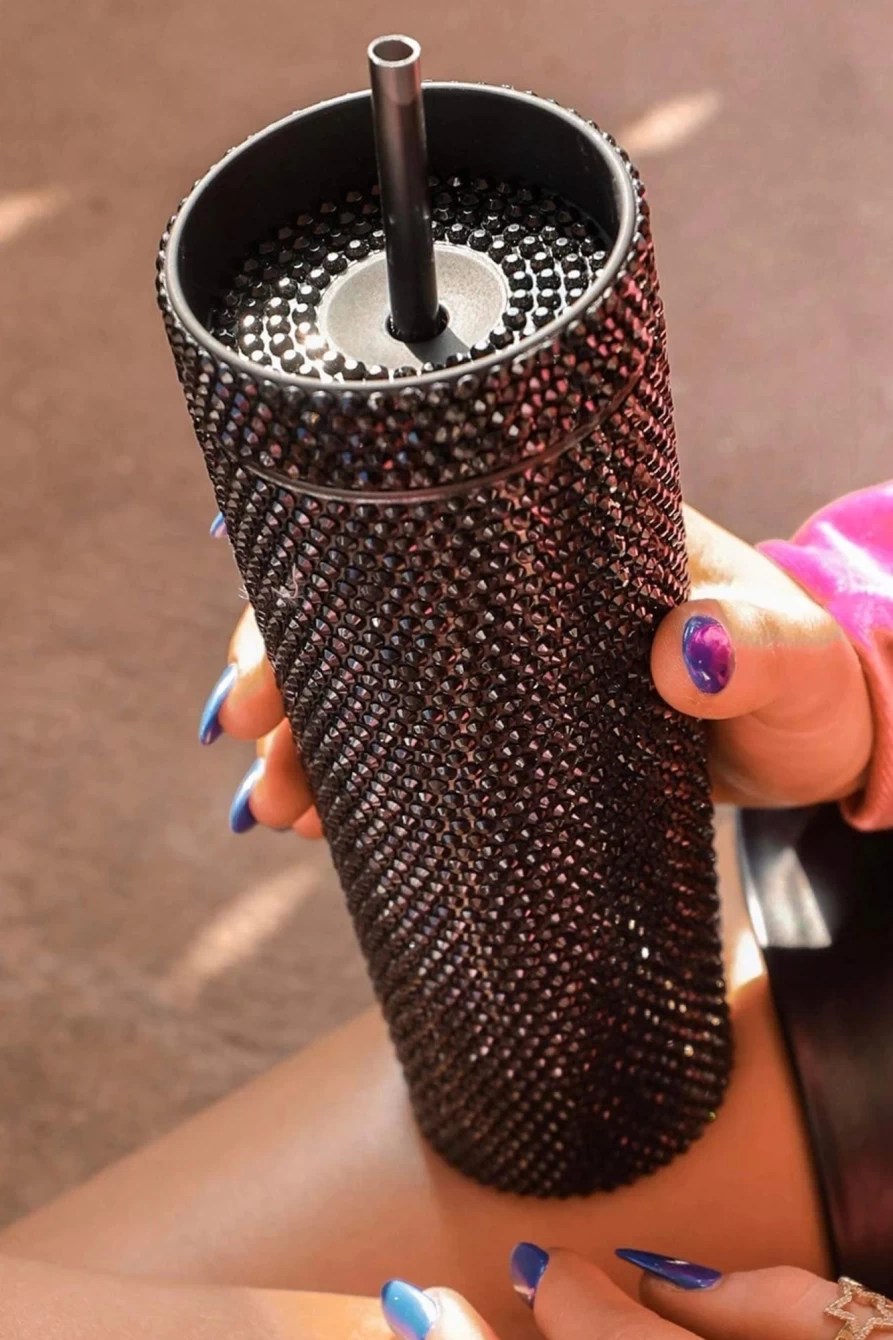 Shewin Black Rhinestone Straw Tumbler Cup 16Oz for Women - Glamorous Sparkly Water Bottle