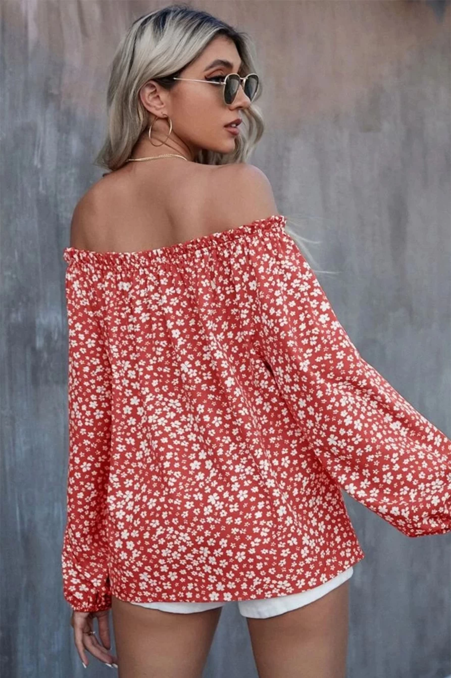 Shewin Women's Red Floral Print Off-Shoulder Blouse with Lantern Sleeves & Frill Detail