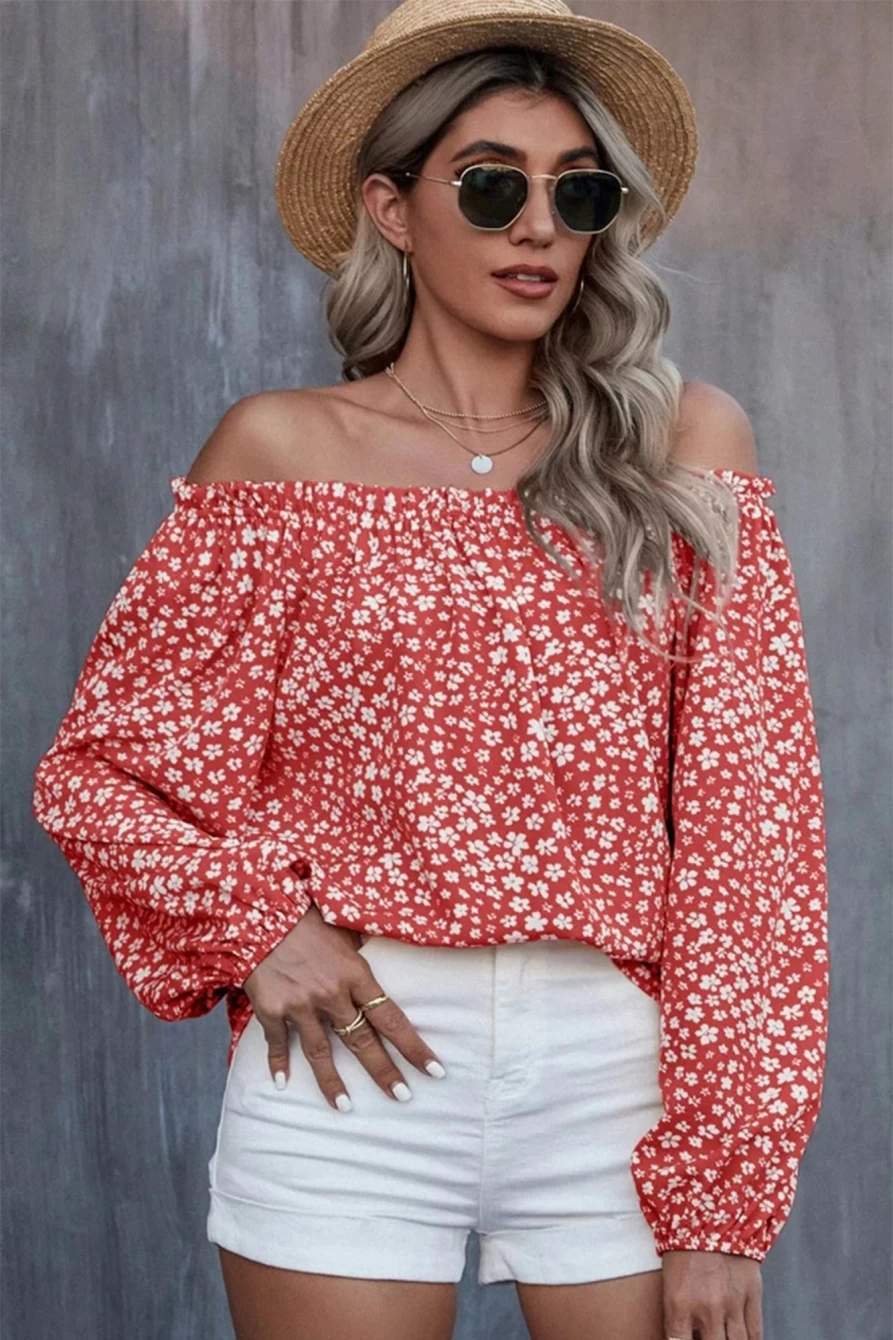 Shewin Women's Red Floral Print Off-Shoulder Blouse with Lantern Sleeves & Frill Detail