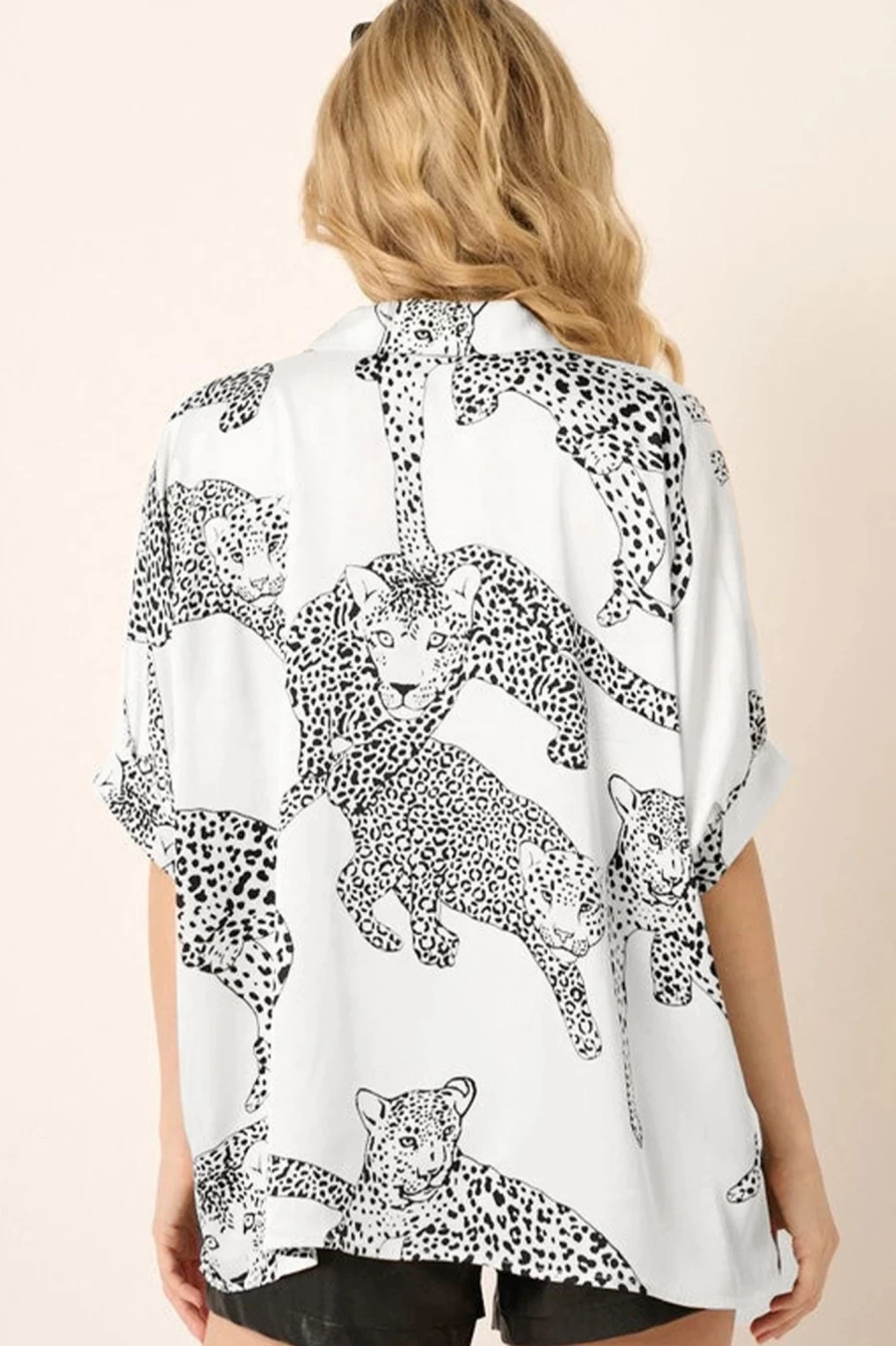 Women's Beige Cheetah Print Button-Up Half Sleeve Shirt | SHEWIN