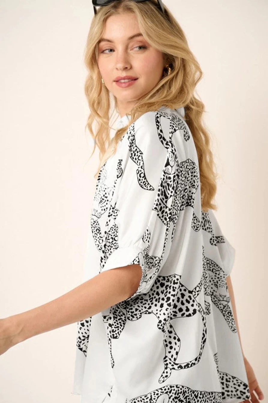 Women's Beige Cheetah Print Button-Up Half Sleeve Shirt | SHEWIN