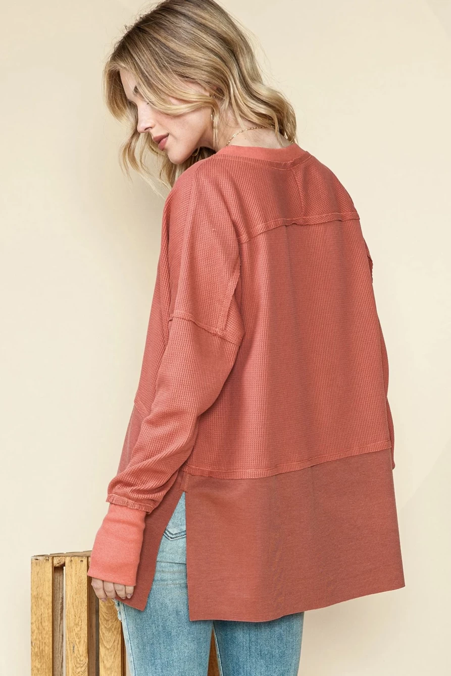 Shewin Women's Mineral Red Waffle Knit Patchwork Long Sleeve Top with Exposed Seams