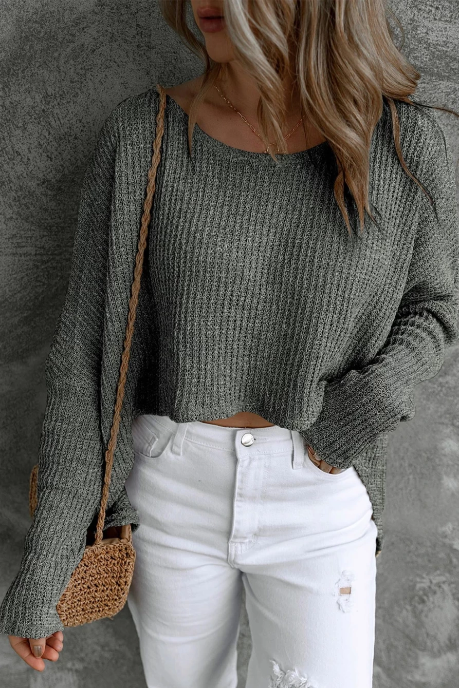 Women's Shewin Carbon Grey Slouchy Dolman Sleeve Basic Sweater