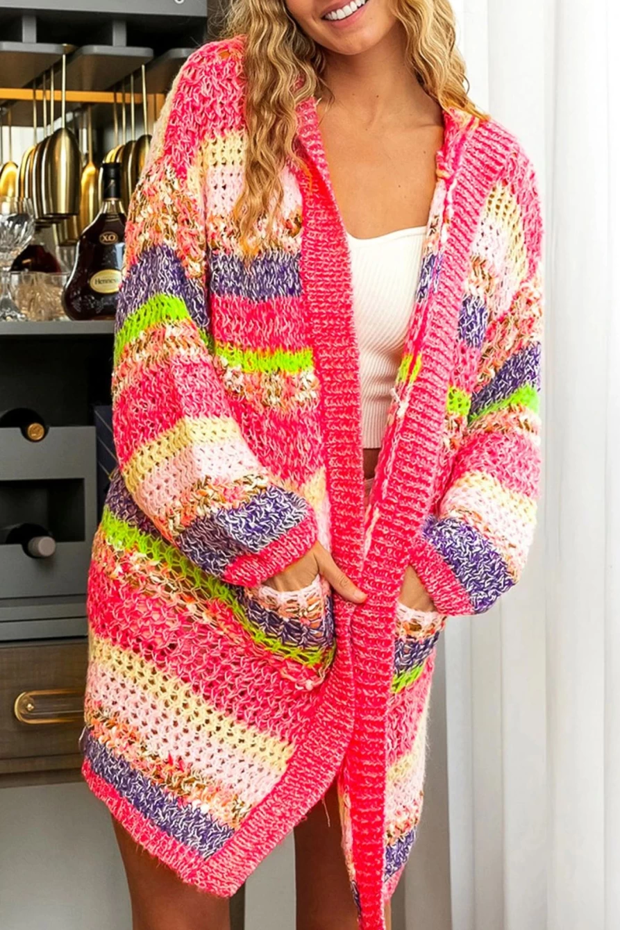 Shewin Women's Rose Striped Open Front Knit Hooded Cardigan Sweater
